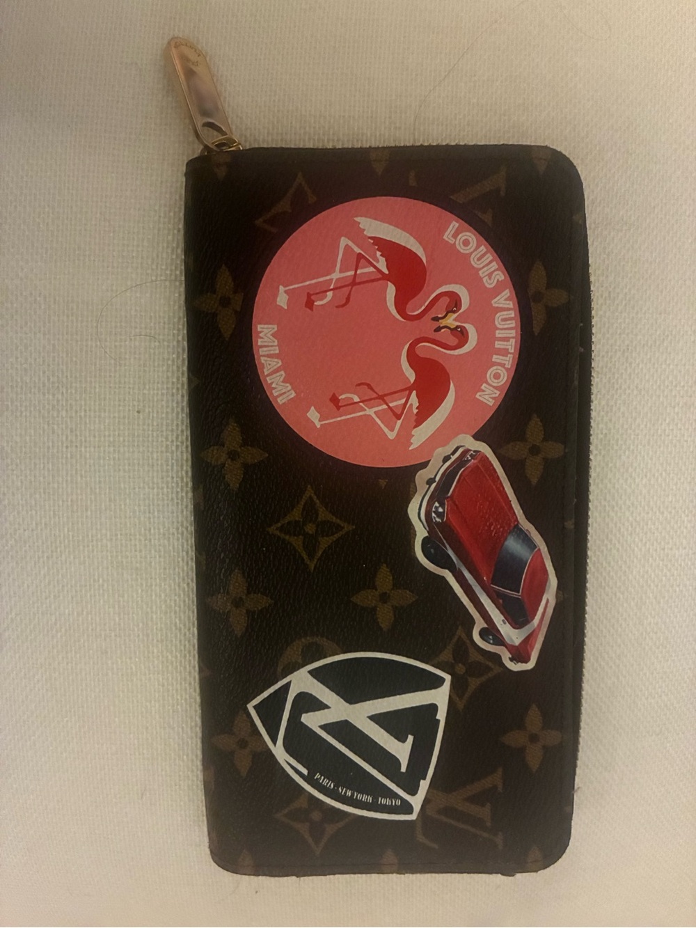 Louis Vuitton Brown Monogram Zip Wallet with Pink Flamingo Graphics